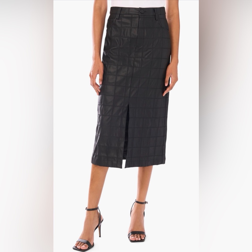 Brand New Halogen Black Quilted Faux Leather Midi Skirt with Center Slit
